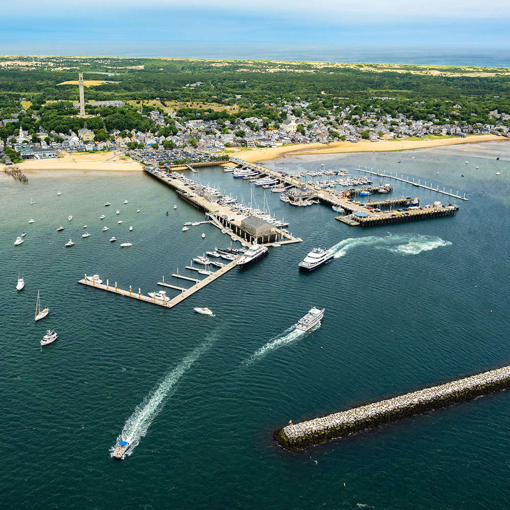 MacMillen Wharf seen during our Provincetown helicopter tour on Cape Cod